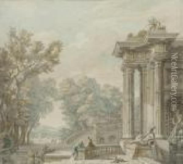 Caprice Architectural Avec Deux Hommes Discutant Devant Une Fontaine Et Une Colonnade Oil Painting - Isaac de Moucheron