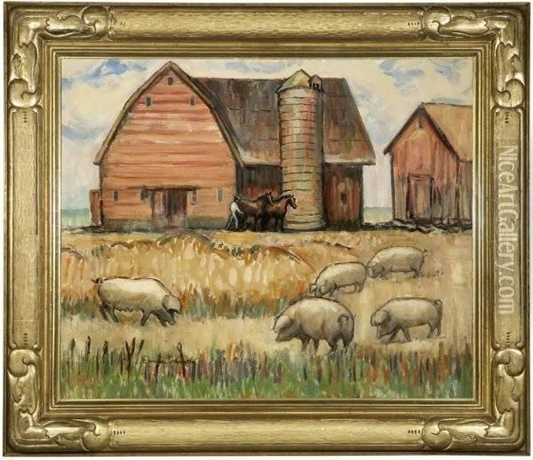 Pigs And Horses In A Farm Scene Oil Painting - Donna Schuster