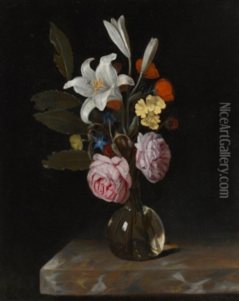 Still Life Of Roses, Lilies And Other Flowers In A Glass Vase On A Marble Ledge Oil Painting - Cornelis Kick