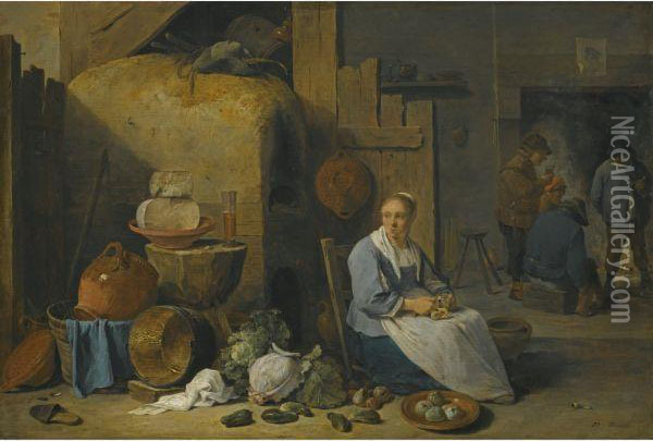 A Barn Interior With A Maid Preparing Vegetables Oil Painting - David The Younger Teniers