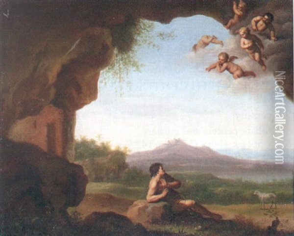 Saint John The Baptist In The Wilderness With Cherubs Above Oil Painting - Johan van Haensbergen