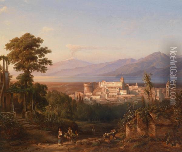 View Of The Castello
Aragonese Di Reggio Calabria And View Of Mount Etna Oil Painting - Heinrich Jaeckel