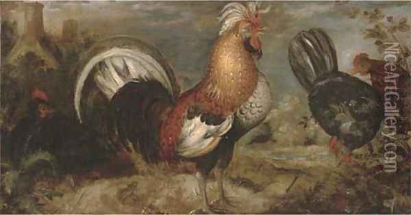 A cockerel and three turkeys in a landscape, with a frog, a lizard and a dragonfly in the foreground, a farmhouse beyond Oil Painting - Roelandt Jacobsz Savery