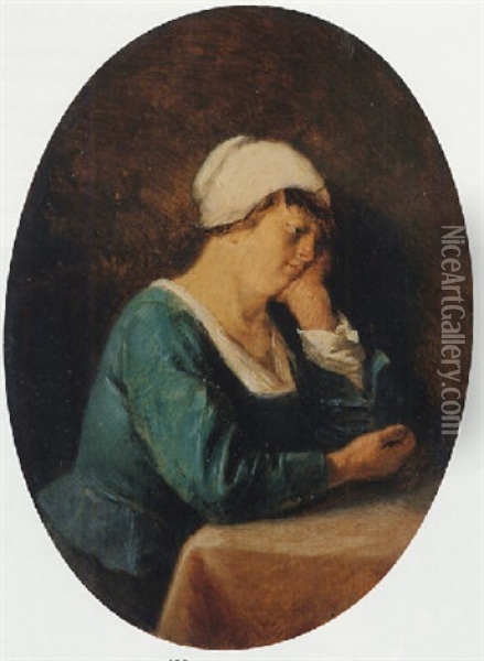 A Maid, Resting Her Head On Her Hand (sloth) Oil Painting - Adriaen Brouwer