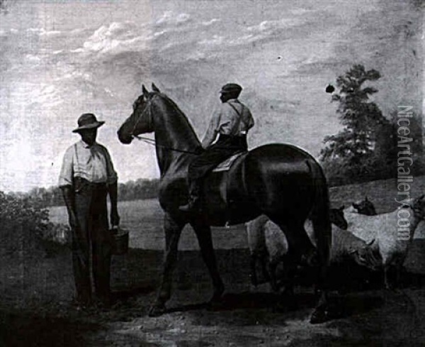 Thoroghbred And Two Grooms Oil Painting - James Henry Beard