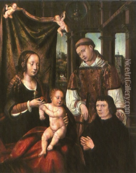 Die Mutter Gottes Mit Dem Jesusknaben, Dem Heiligen Laurentius Und Einer Mannlichen Stifterfigur Oil Painting - Joos Van Cleve