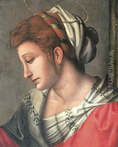 A female saint, bust-length, in a red dress with a white headdress Oil Painting - Francesco Ubertini Bacchiacca II