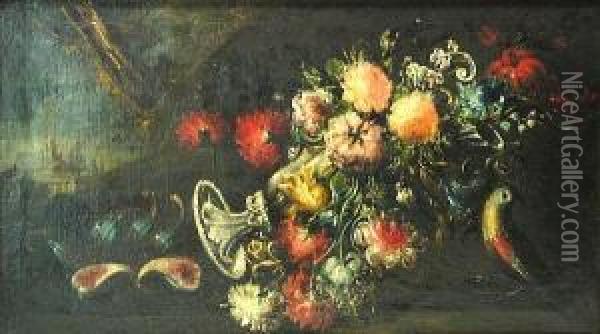 A Still Life With Flowers And A Bird Oil Painting - Felice Boselli Piacenza