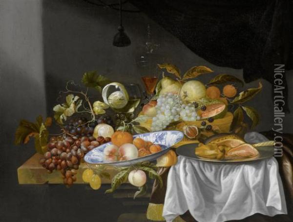 Still Life With Fruits, Ham And A Wan-li Plate Oil Painting - Jacob Rootius
