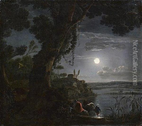 Voyageurs Traversant La Riviere Au Clair De Lune Oil Painting - Jean-Francois Hue