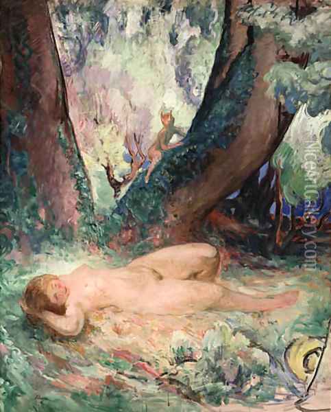 Femme nue allong dans le jardin avec Satyr (Reclining Nude in the Garden with a Satyr) Oil Painting - Henri Lebasque