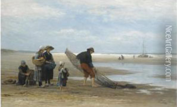 Shrimpers On Scheveningen Beach Oil Painting - Philippe Lodowyck Jacob Sadee