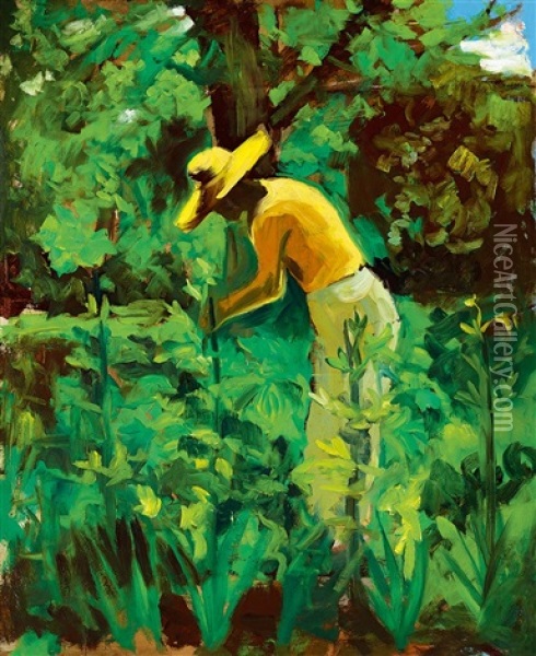 In The Sunny Garden (gardener With Straw Hat) Oil Painting - Erno Tibor