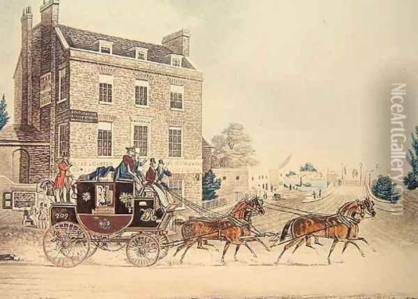 Quicksilver Royal Mail passing the Star and Garter at Kew Bridge, 1835 Oil Painting - James Pollard