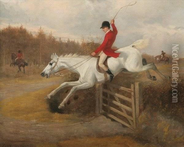 Hunting On Horseback Over The Gate Oil Painting - J.W. Hillyard