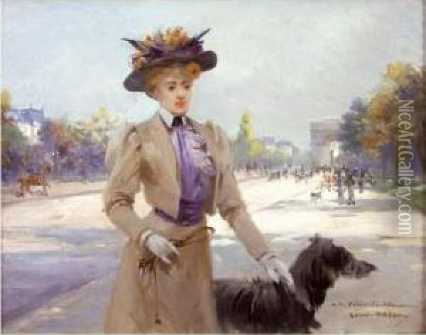 Elegante Et Son Chien, Avenue Du Bois Oil Painting - Louise Abbema