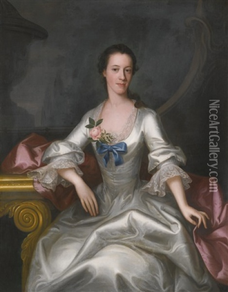 Portrait Of A Woman, Three-quarter Length, Seated In An Interior, Wearing A Silver Dress Oil Painting - Allan Ramsay