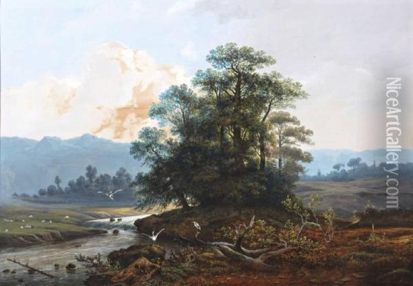 Heuvellandschap Met Reigers Bij Een Riviertje Oil Painting - Henri Knip