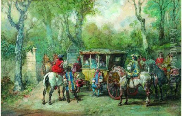 Un Carrosse A L'arret Entoure De Mousquetaires Oil Painting - Eugene Louis Lami