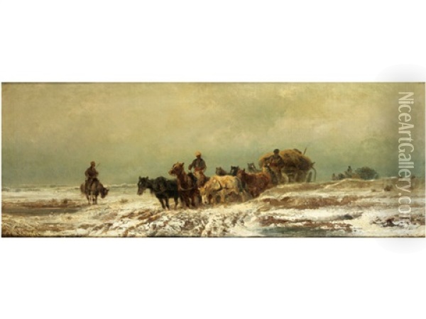 Grosser Zug Von Packwagen In Russischer Schneelandschaft Oil Painting - Adolf Schreyer