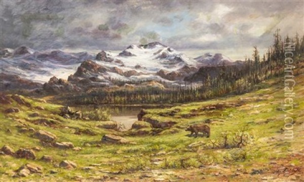 Landscape With Bear Oil Painting - Charles S. Stobie