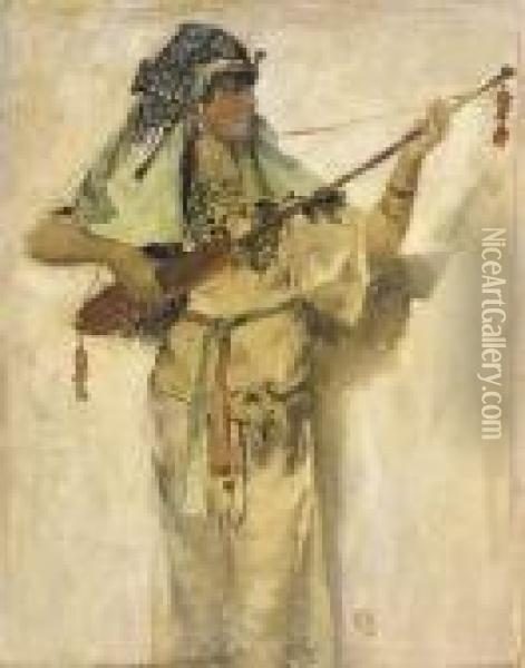 Musicienne Turque Jouant De L'ourd Traditionnel. Oil Painting - Georges Antoine Rochegrosse