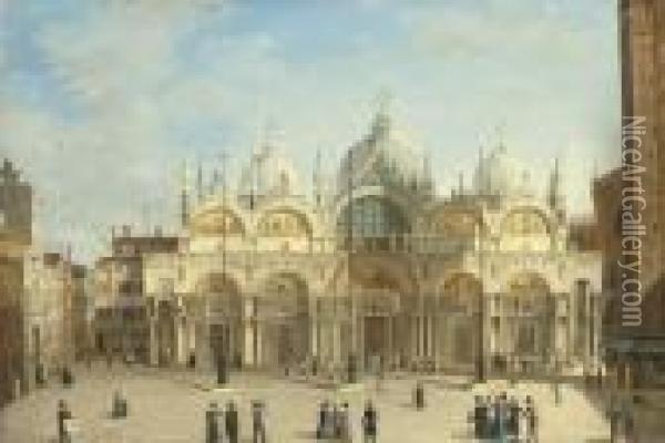 Travellers On The Grand Tour Before The Basilica Di San Marco,venice Oil Painting - Guiseppe Canella