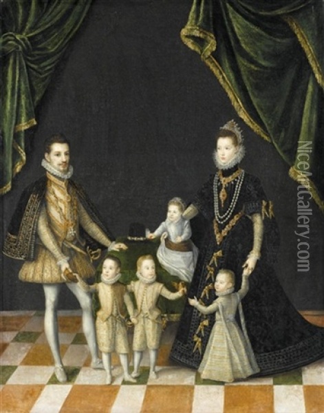 Group Portrait Of The Family Of Carlo Emanuele, Duke Of Savoy And Dona Catalina Micaela, Infanta Of Spain, Archduchess Of Austria, With Their Children Oil Painting - Alonso Sanchez Coello