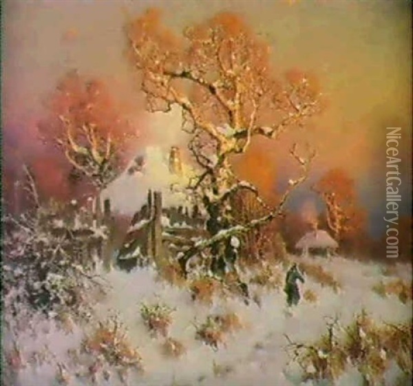 Vinterlandskap Med Hus, Trad Samt Vandringsman- Aftonrodnad Oil Painting - Yuliy Yulevich (Julius) Klever