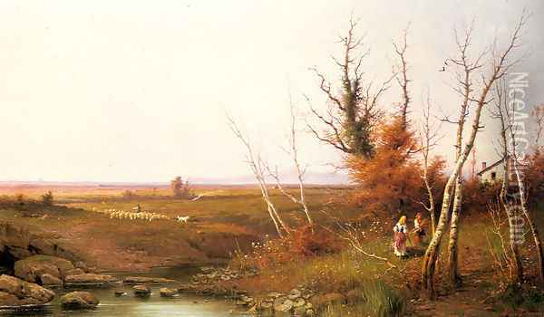 Faggot Gatherers by a Cottage in a Landscape Oil Painting - Achille De Dominicis