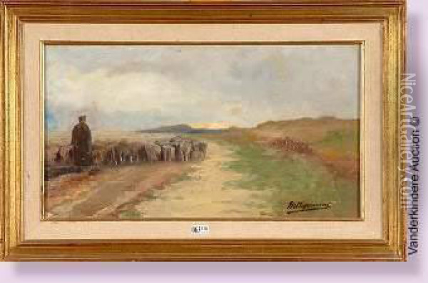 Berger Et Son Troupeau Sur Un Chemin De Campagne Oil Painting - Maurice Hagemans