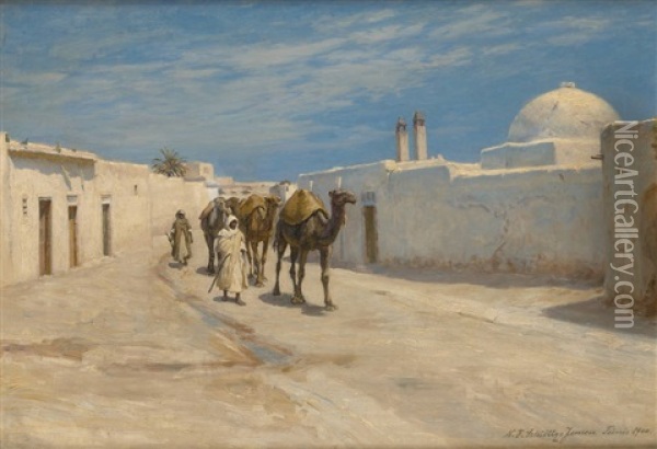 Caravane Traversant Tunis Oil Painting - Niels Frederik Schiottz-Jensen