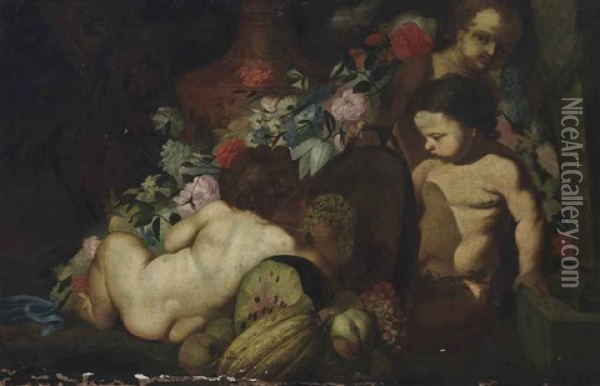 Putti Beside An Urn With Flowers, Melons And Grapes Oil Painting - Abraham Brueghel