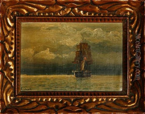 Lubbers: Marine With A Danish Barque. Signed Lubbers Oil Painting - Holger Peter Svane Lubbers