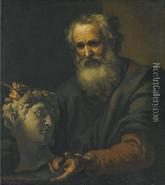 A Philosopher Deep In Thought Holding A Sculpted Head Oil Painting - Johann Karl Loth
