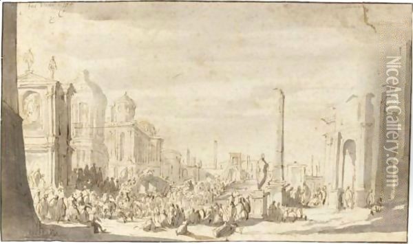 A Crowd Of Figures Gathered In The Roman Forum, An Obelisk And Triumphal Arch To The Left Oil Painting - Jacob Van Der Ulft