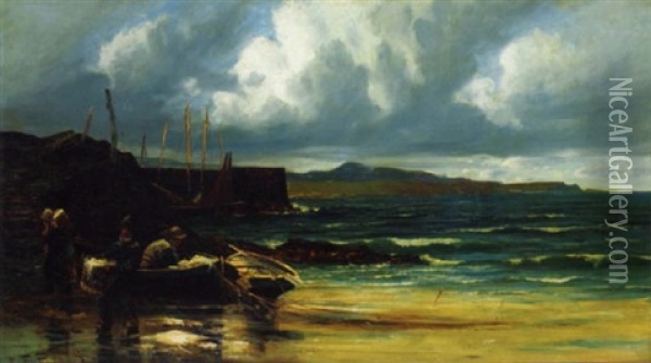 Unloading The Catch Oil Painting - Edwin John Ellis