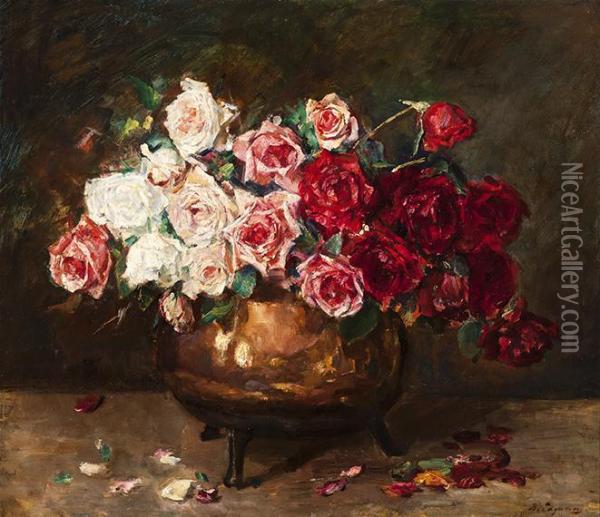 Bouquet Of Roses In A Brass Pot Oil Painting - Baruch Lopez De Leao Laguna