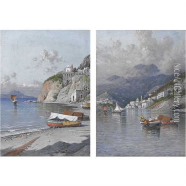 Vedute Della Costiera Amalfitana (pair) Oil Painting - Giuseppe Carelli