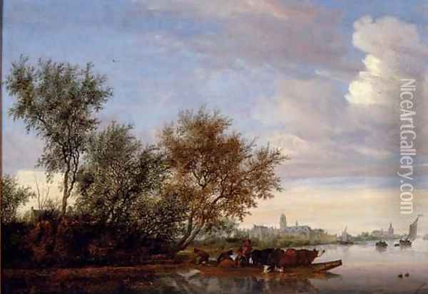 Ferry Boat with cattle on the River Vecht near Nijenrode Oil Painting - Salomon van Ruysdael