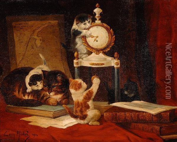 Playing Kittens And Cat Oil Painting - Leon Charles Huber