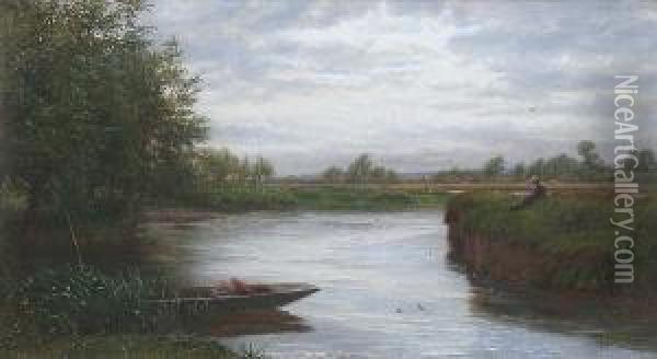 A Tranquil River Landscape With Man Fishing On The Bank Oil Painting - Walter Field
