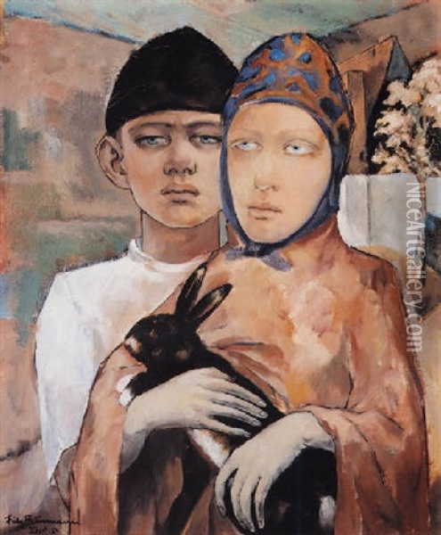 Bauernkinder (zwei Kinder Mit Hasen) Oil Painting - Fritz Burmann