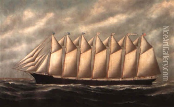 Portrait Of The American Schooner 'thomas W. Lawson' Under Full Sail... Oil Painting - Solon Francis Montecello Badger
