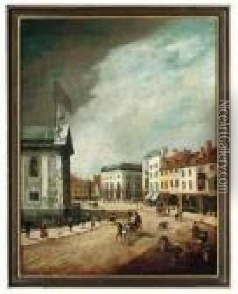 A Bustling Street Before St. Alfege's Church, Greenwich Oil Painting - James Pollard