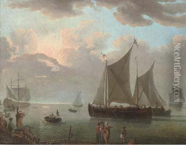 A Coastal Inlet With Shipping And Figures At The Shore Oil Painting - Abraham Storck