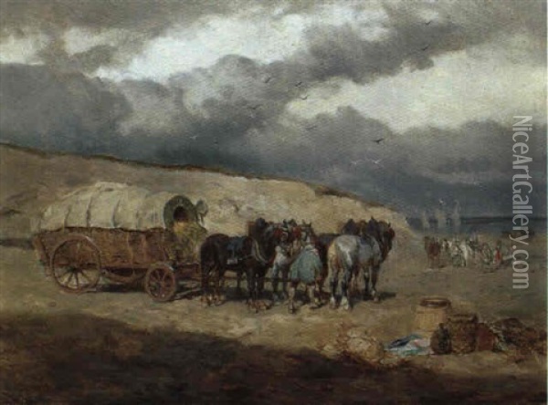 Pferdekarren An Einer Meereskuste Oil Painting - Alexander Ritter Von Bensa