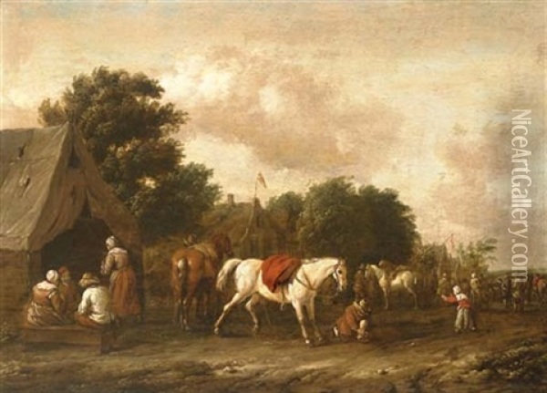 Peasants By A Cottage With A Horse Stalling Oil Painting - Barend Gael