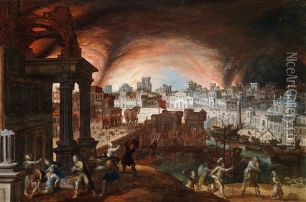 Aeneas Tragt Seinen Vater Anchises Aus Dem Brennenden Troja Oil Painting - Louis de Caullery