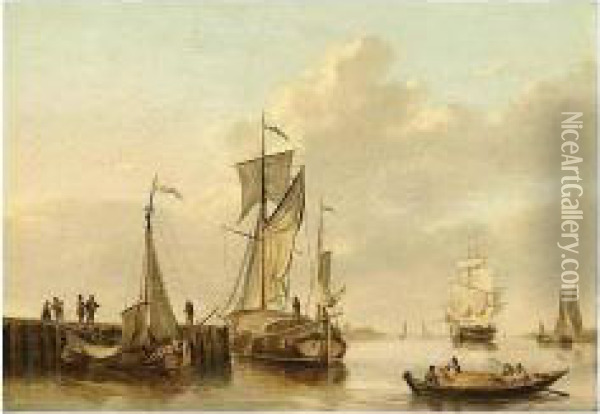 Shipping By A Jetty In A Calm; Sailing Vessels In An Estuary Oil Painting - Martinus Schouman